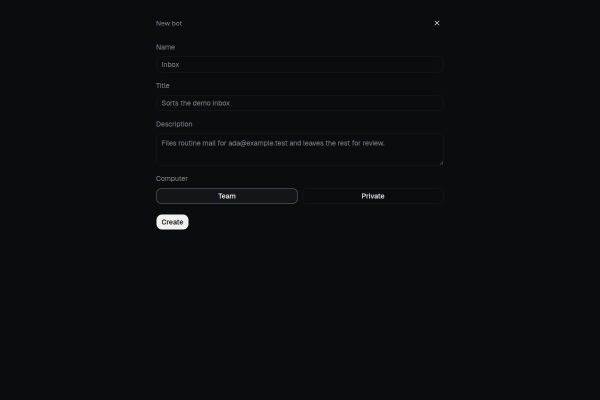 The new bot form in Kith, filled with a demo bot named Inbox.