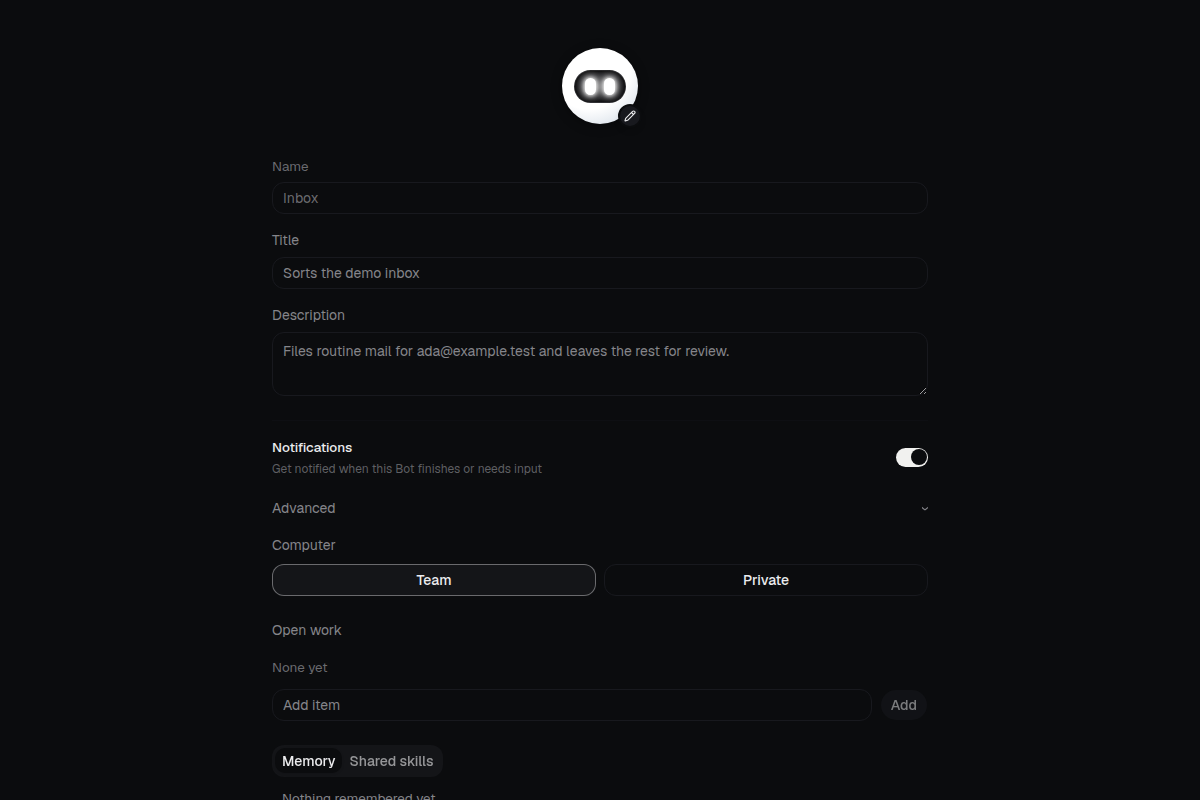 Bot settings with the model menu open on a demo Inbox bot.